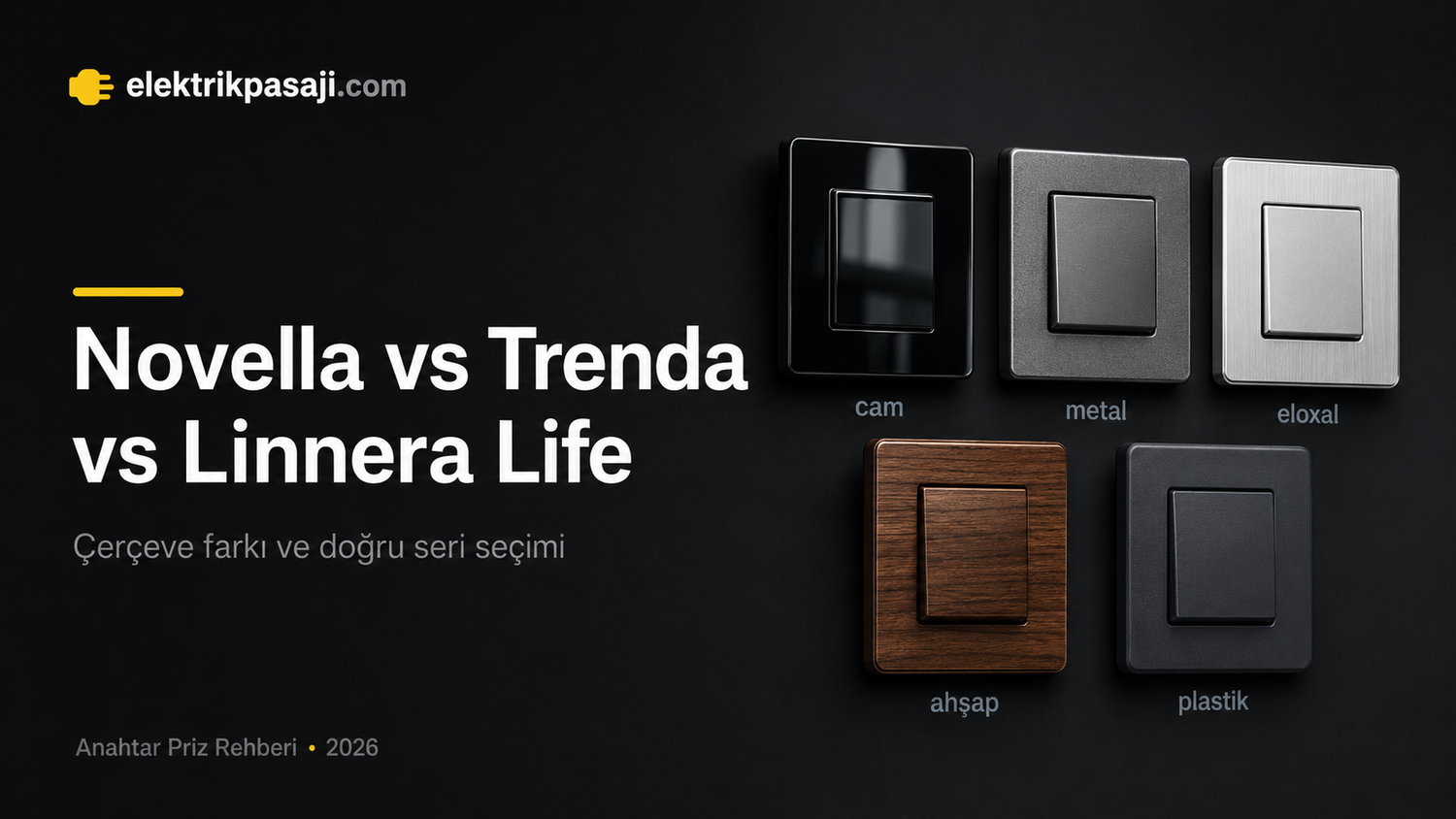 Viko Novella, Trenda ve Linnera Life çerçeve malzemeleri: cam, metal, eloxal, ahşap, plastik
