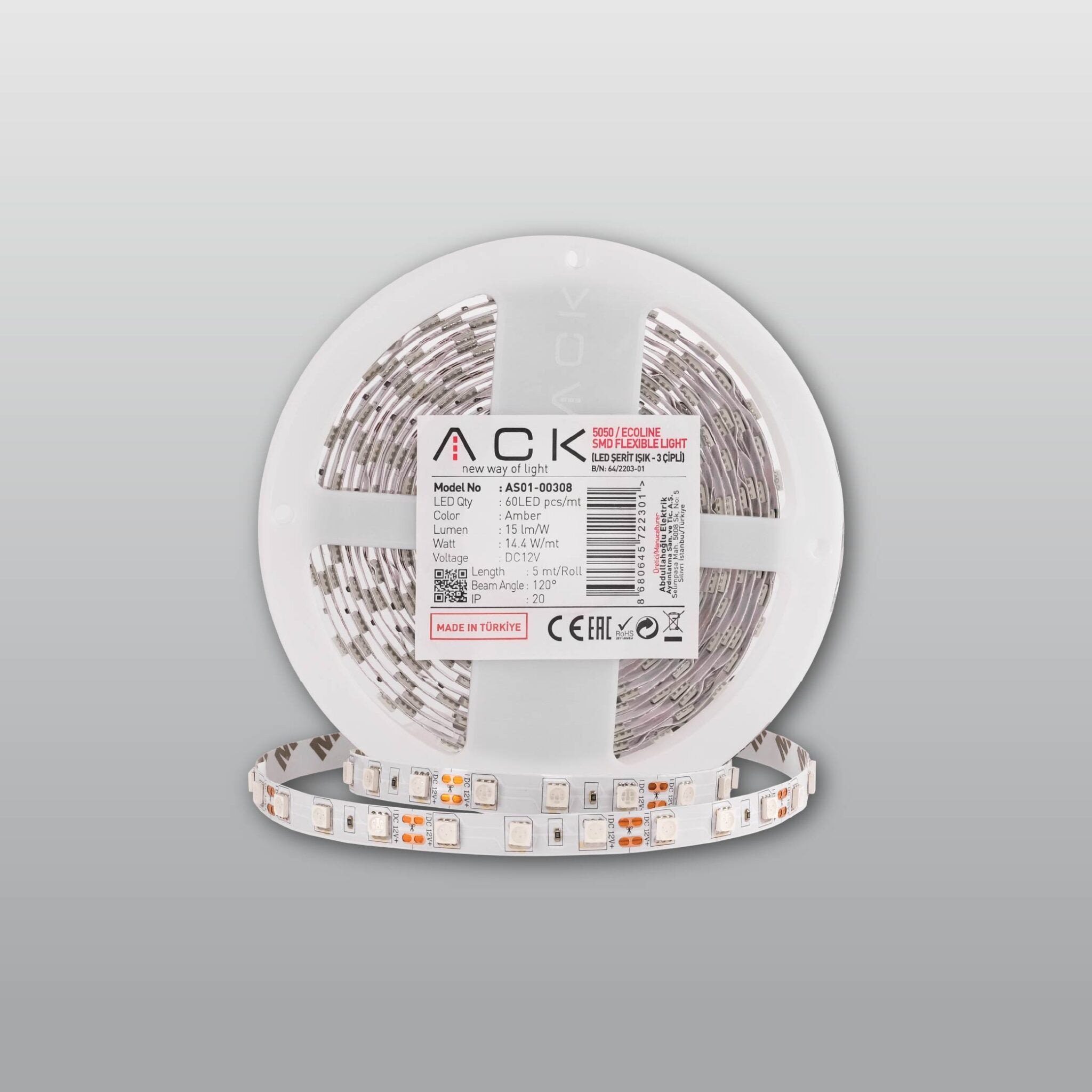 ACK 3 Çipli LED Şerit 12V 60 LED/m - 5 Metre