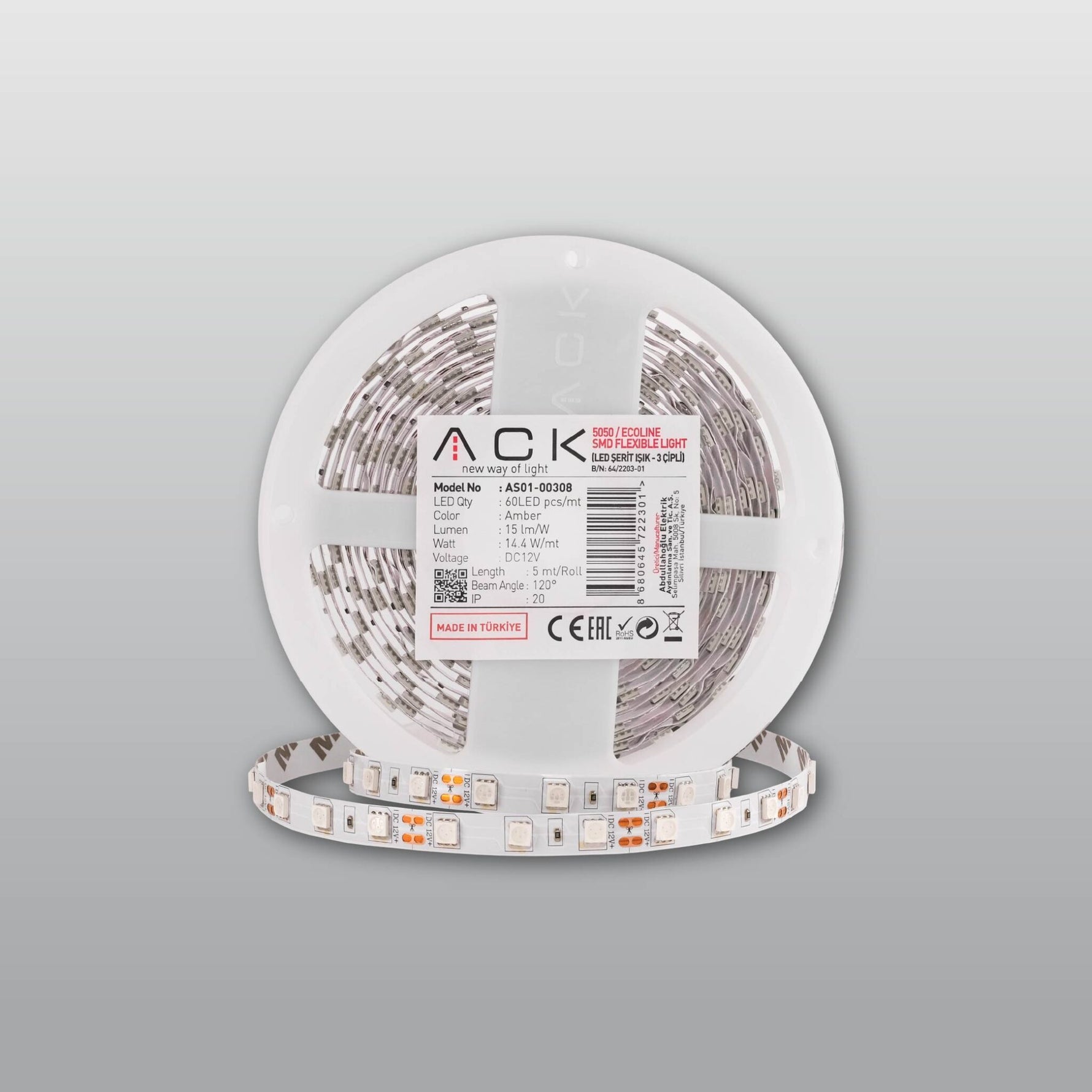 ACK 3 Çipli LED Şerit 12V 60 LED/m - 5 Metre