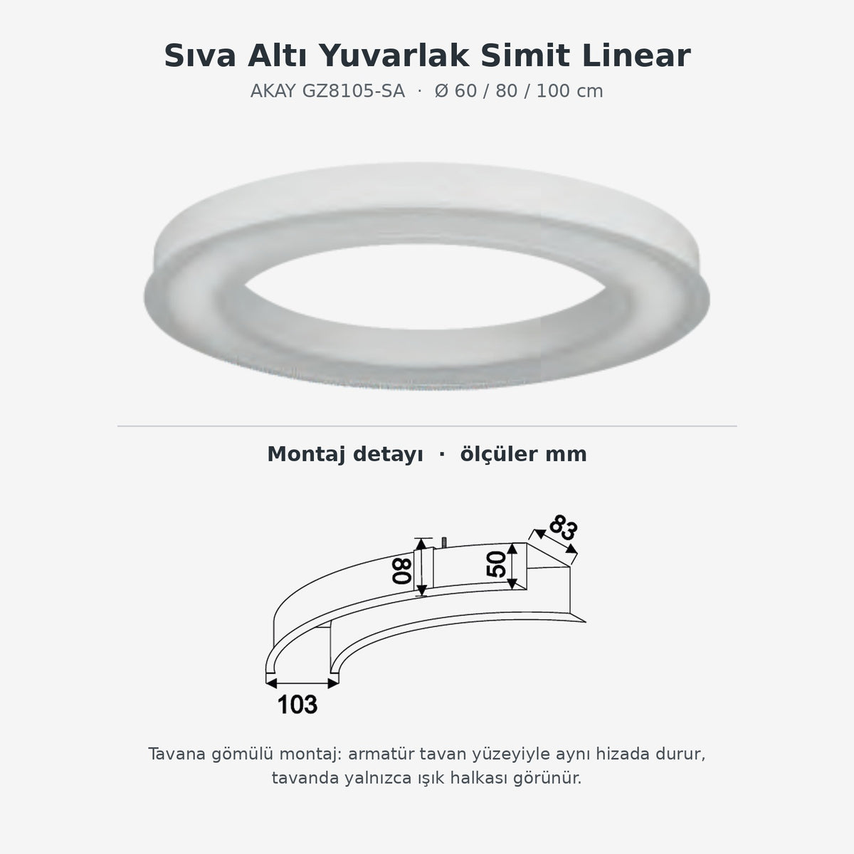 GZ8105-SA sıva altı montaj detayı ve kesit ölçüleri