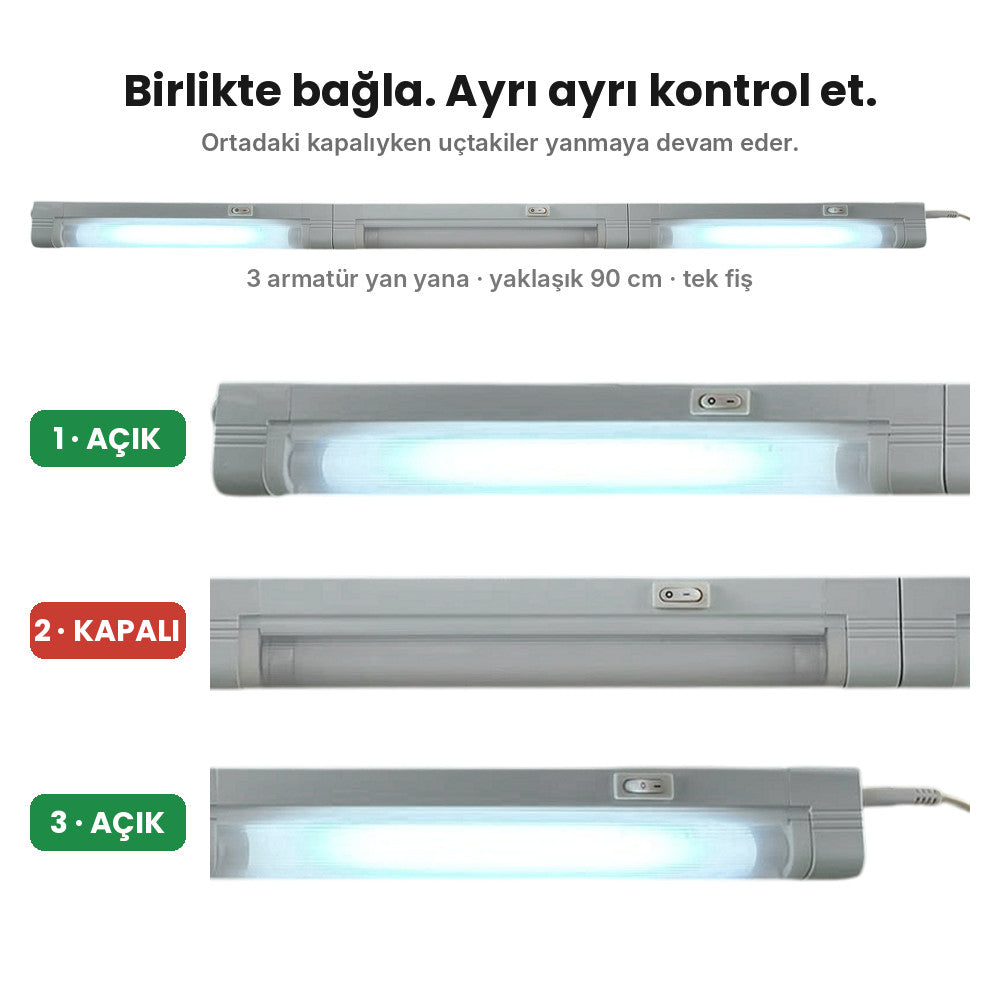 Birbirine bağlı 3 armatür, ortadaki kapalı, uçtakiler yanıyor – bağımsız anahtar kontrolü