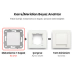 Viko Karre/Meridian Beyaz Anahtar – mekanizma + çerçeve = tam görünüm şeması