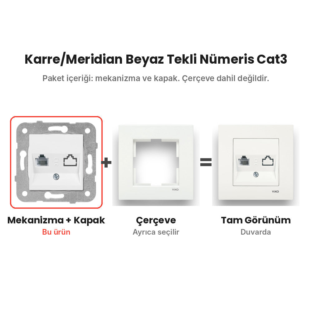 Viko Karre/Meridian Beyaz Tekli Nümeris Cat3 – mekanizma + çerçeve şeması