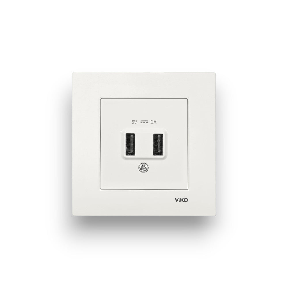 Viko Karre/Meridian Beyaz USB Priz 5V-2A – çerçeveyle takılı görünüm