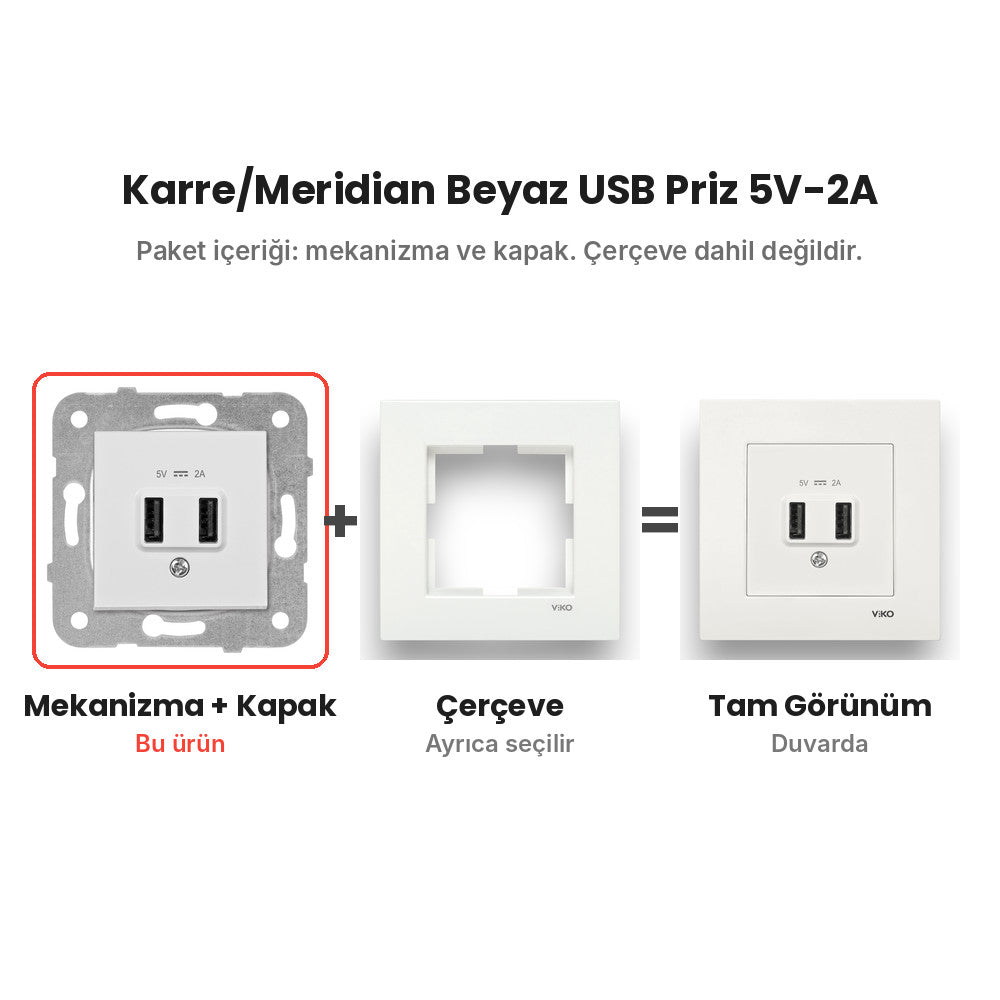 Viko Karre/Meridian Beyaz USB Priz 5V-2A – mekanizma + çerçeve şeması