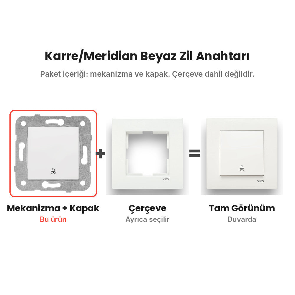 Viko Karre/Meridian Beyaz Zil Anahtarı – mekanizma + çerçeve şeması